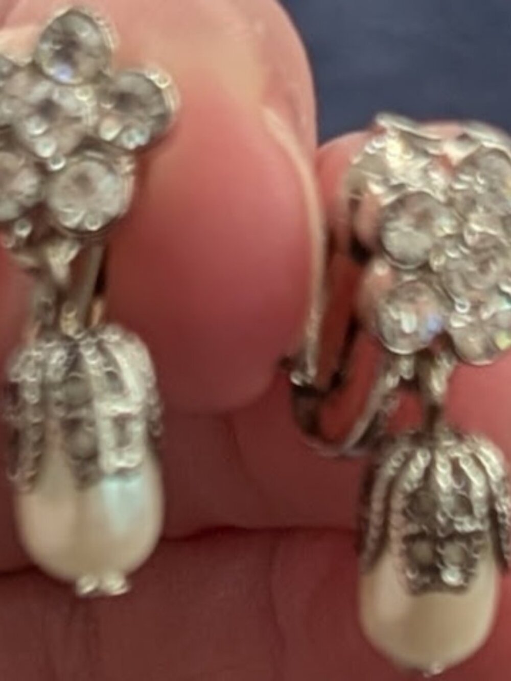 Vintage Rhinestone Flower Faux Pearl Filigree Drop Clip On Earrings Victorian